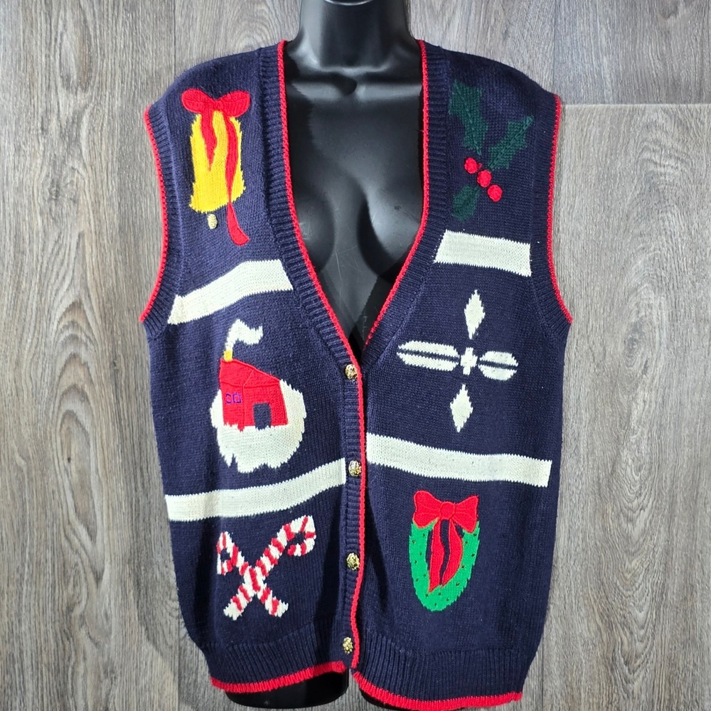 Vintage 90s Leslie Fay Christmas Sampler Sweater Vest Holiday Novelty Knit Med